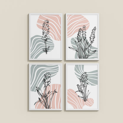 Wall View of Abstract Hand-Printed Lavender Essence Wall Art Set of 4 in White Color Frame