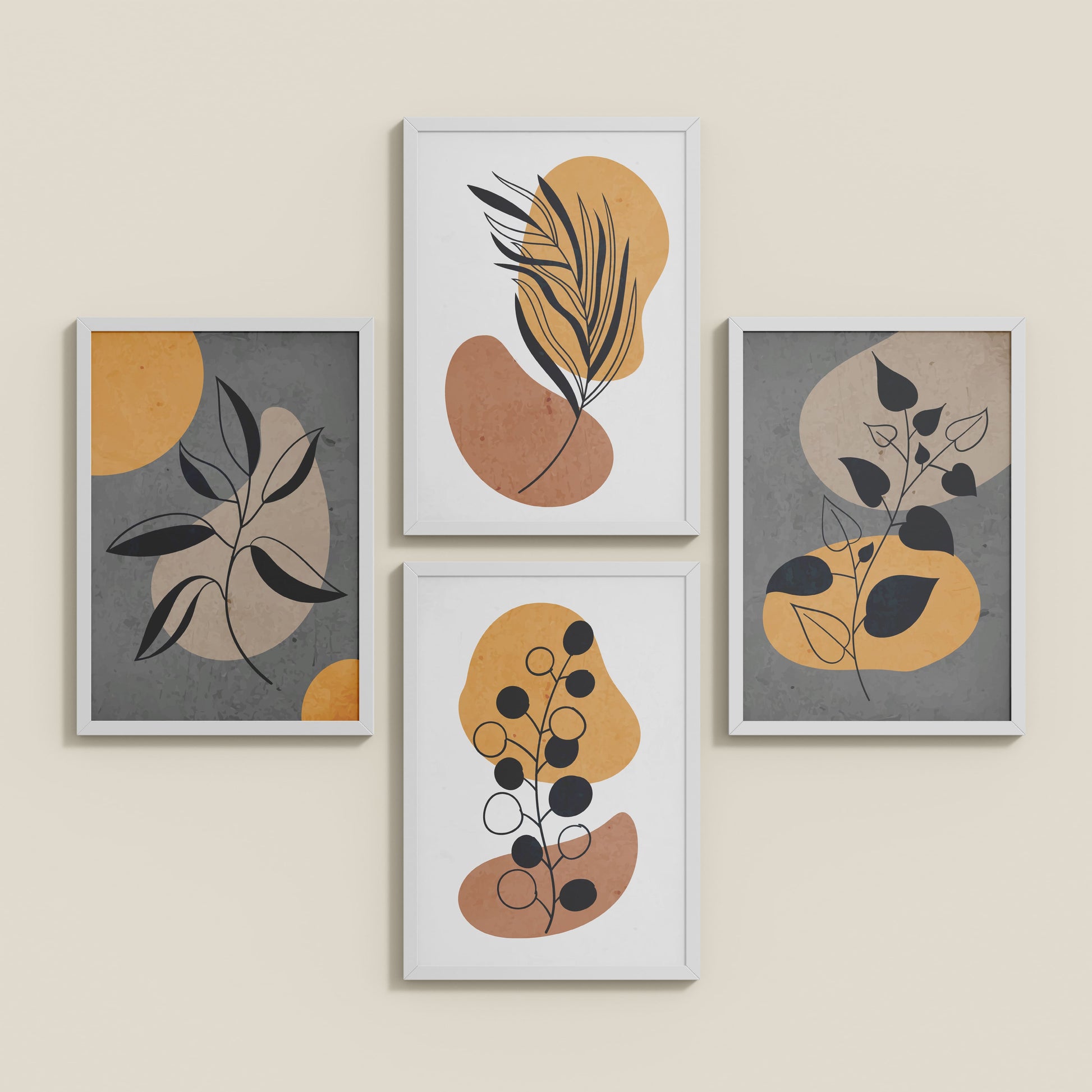 Inclined Floor View of Boho Leaves – Minimalist Wall Art Set of 4 Frames in White Color Frame