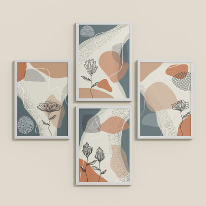 Inclined Floor View of Line & Leaf – Boho Abstract Wall Art Set of 4 in White Color Frame