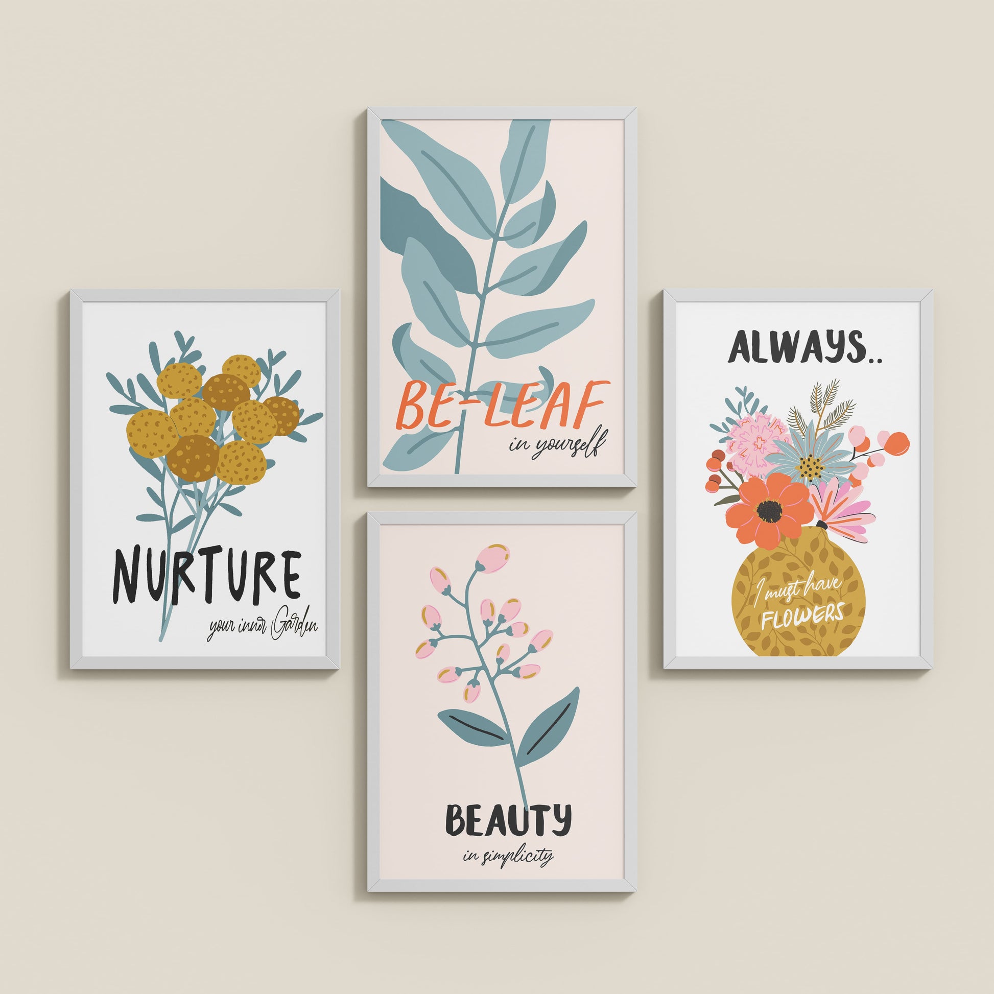 Inclined Floor View of Grow & Glow – Plant-Inspired Positive Wall Art Set of 4 in White Color Frame