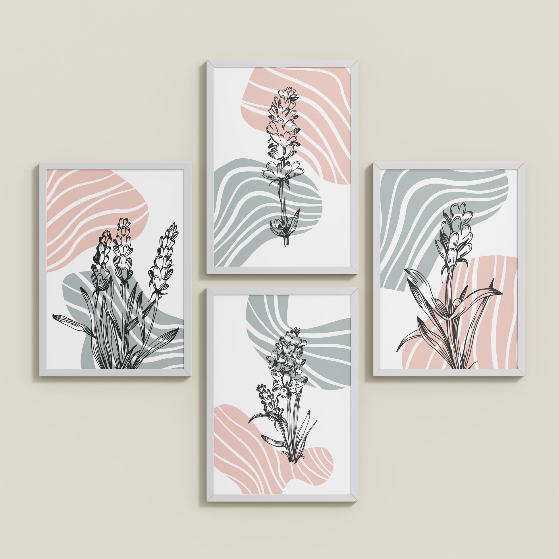 Inclined Floor View of Abstract Hand-Printed Lavender Essence Wall Art Set of 4 in White Color Frame