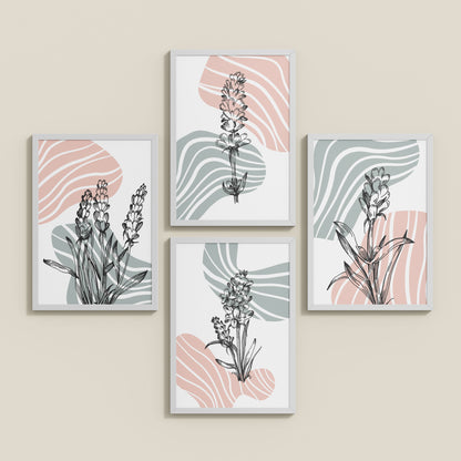 Inclined Floor View of Abstract Hand-Printed Lavender Essence Wall Art Set of 4 in White Color Frame