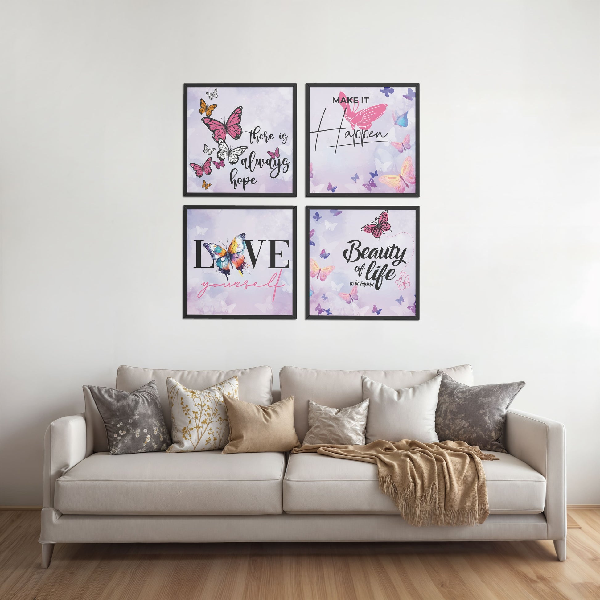Living Room Sofa Preview of Live Brightly – Hope, Love & Motivation Quote Set of 4 in Black Color Frame