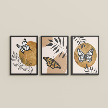 Wall View of Wings of Wander – Butterfly & Nature Wall Art Set of 3 in Black Color Frame