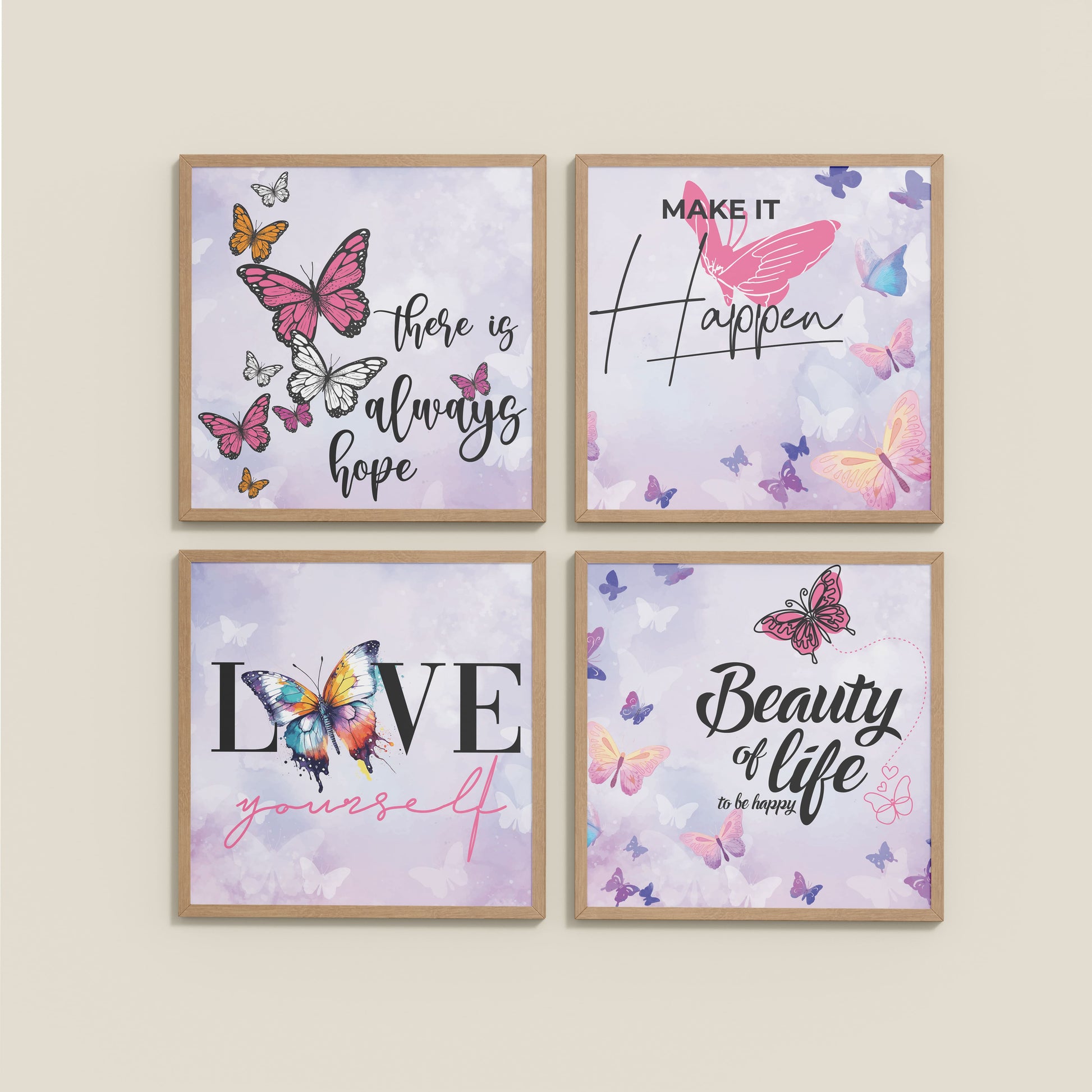 Wall View of Live Brightly – Hope, Love & Motivation Quote Set of 4 in Natrual Color Frame