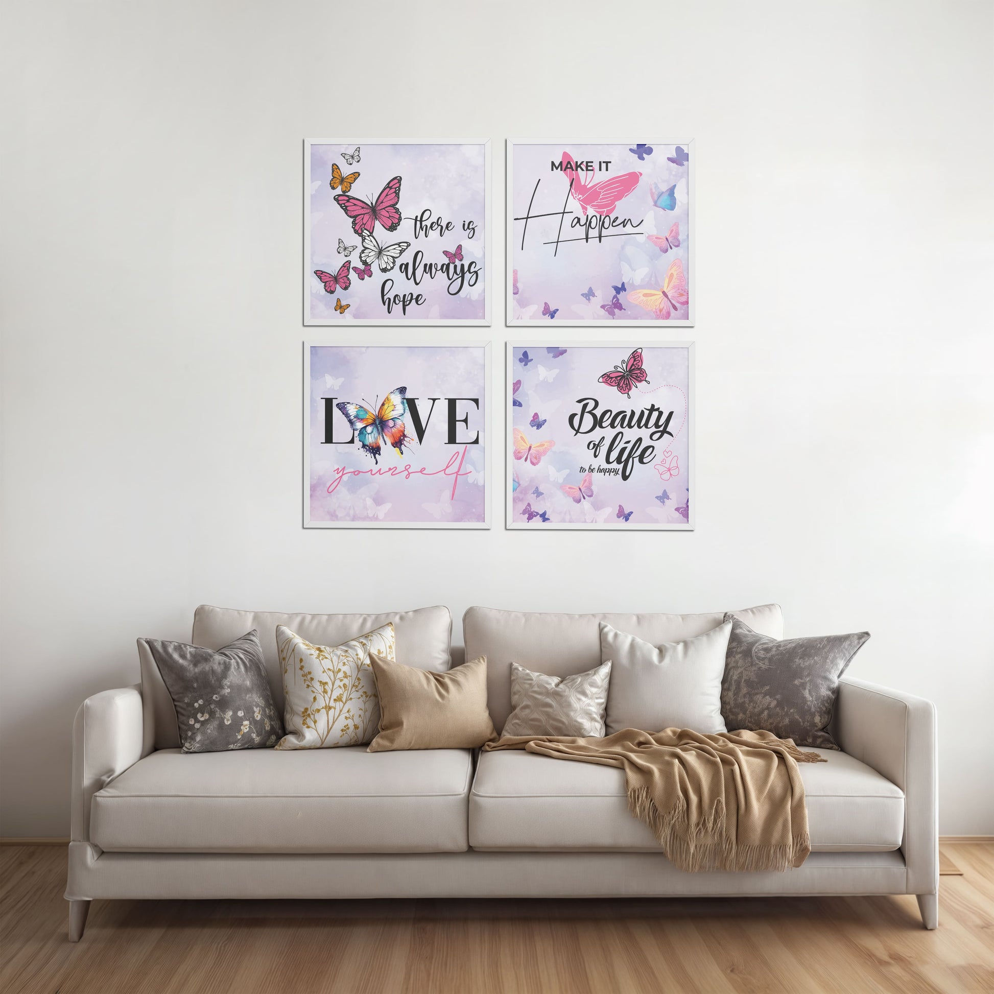 Living Room Sofa Preview of Live Brightly – Hope, Love & Motivation Quote Set of 4 in White Color Frame