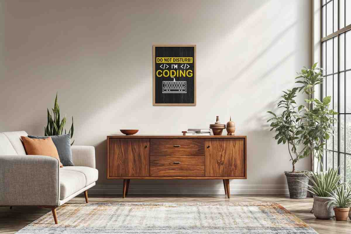 Living Room Sofa Preview of Do Not Disturb – I’m Coding Wall Art Frame in Natrual Color Frame