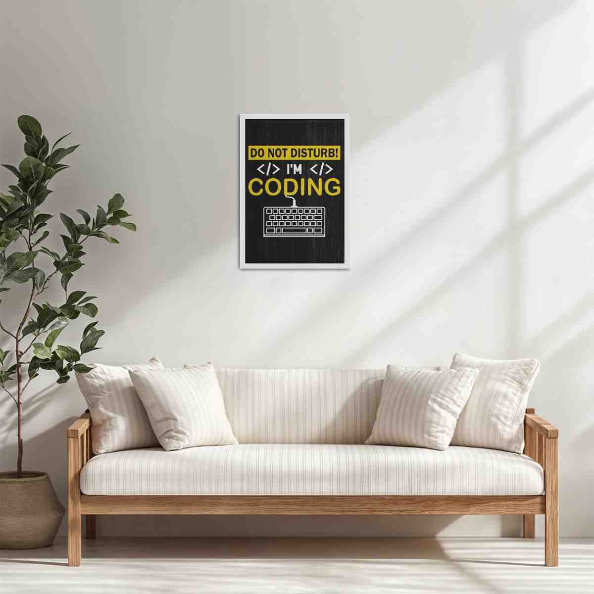 Living Room Cabinet Table Preview of Do Not Disturb – I’m Coding Wall Art Frame in White Color Frame