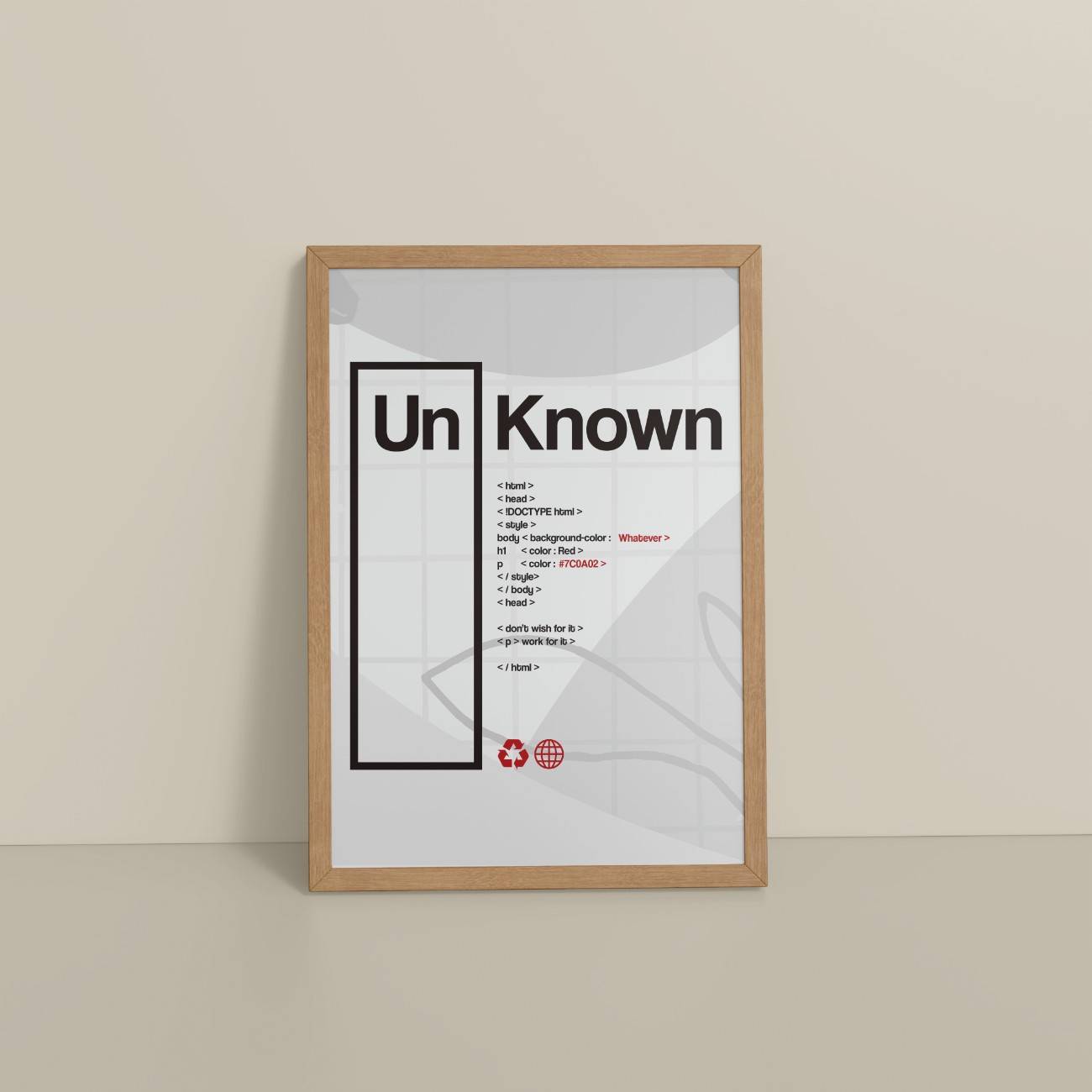 Floor View of UnKnown – Code Your Own Identity Wall Frame in Natrual Color Frame