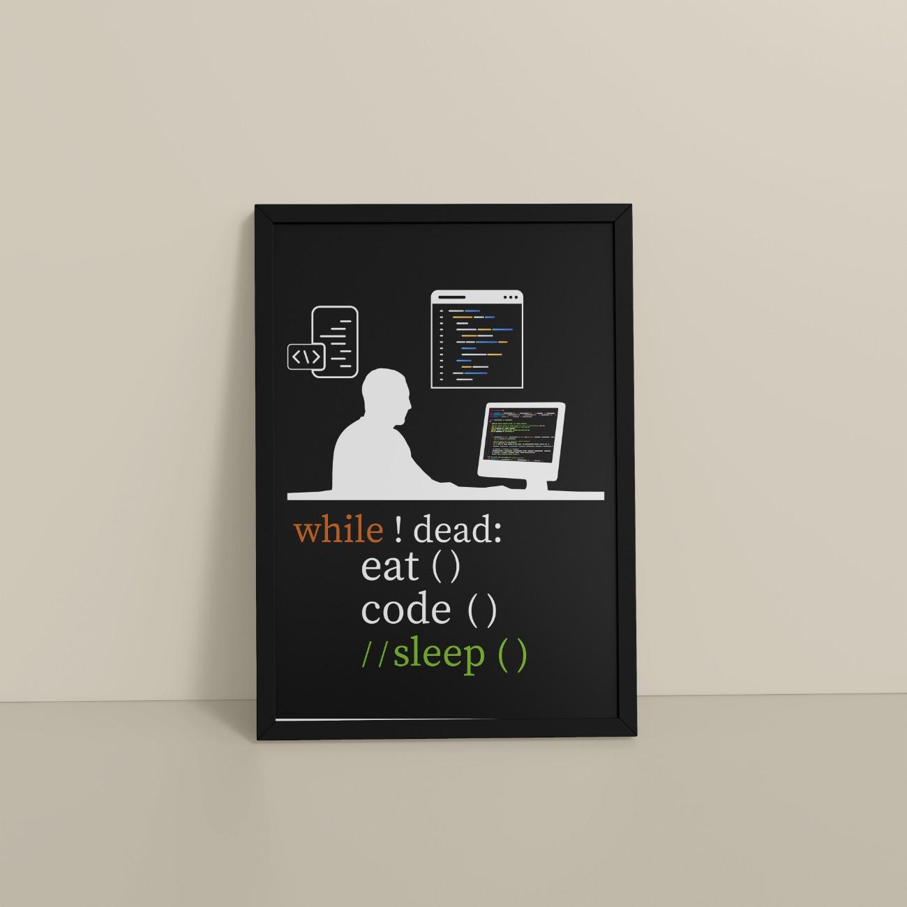 Floor View of While Not Dead – Eat, Code, No Sleep Wall Frame in Black Color Frame