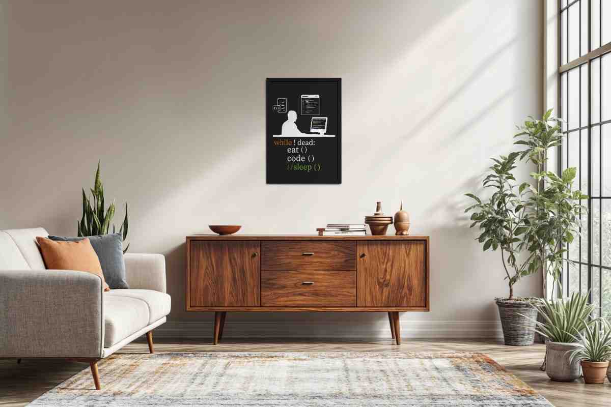 Living Room Sofa Preview of While Not Dead – Eat, Code, No Sleep Wall Frame in Black Color Frame