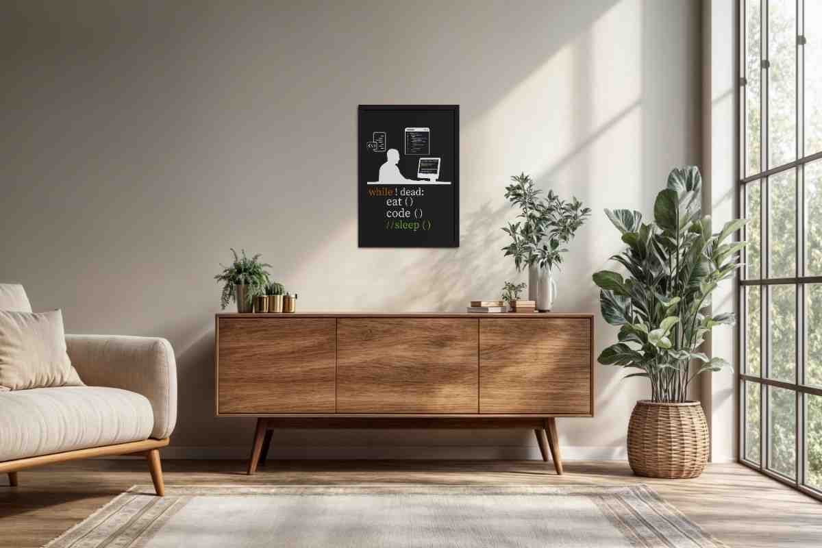 Living Room Cabinet Preview of While Not Dead – Eat, Code, No Sleep Wall Frame in Black Color Frame
