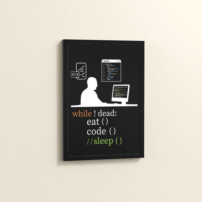 Side View of While Not Dead – Eat, Code, No Sleep Wall Frame in Black Color Frame