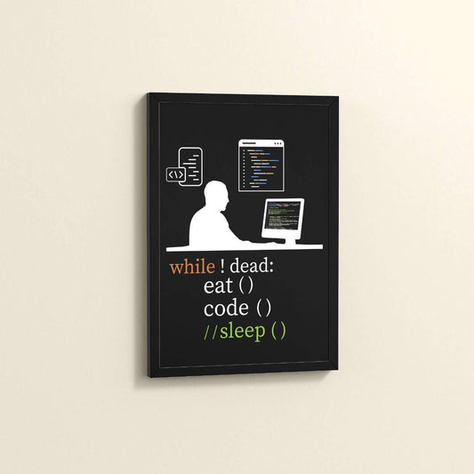 Side View of While Not Dead – Eat, Code, No Sleep Wall Frame in Black Color Frame