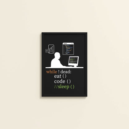 Wall View of While Not Dead – Eat, Code, No Sleep Wall Frame in Black Color Frame