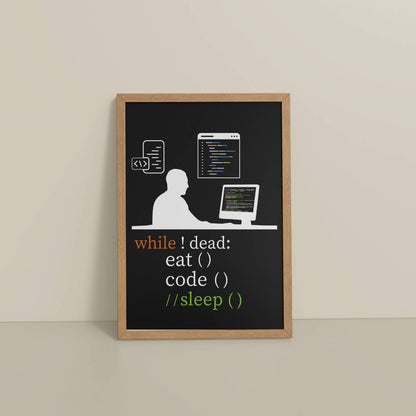Floor View of While Not Dead – Eat, Code, No Sleep Wall Frame in Natrual Color Frame