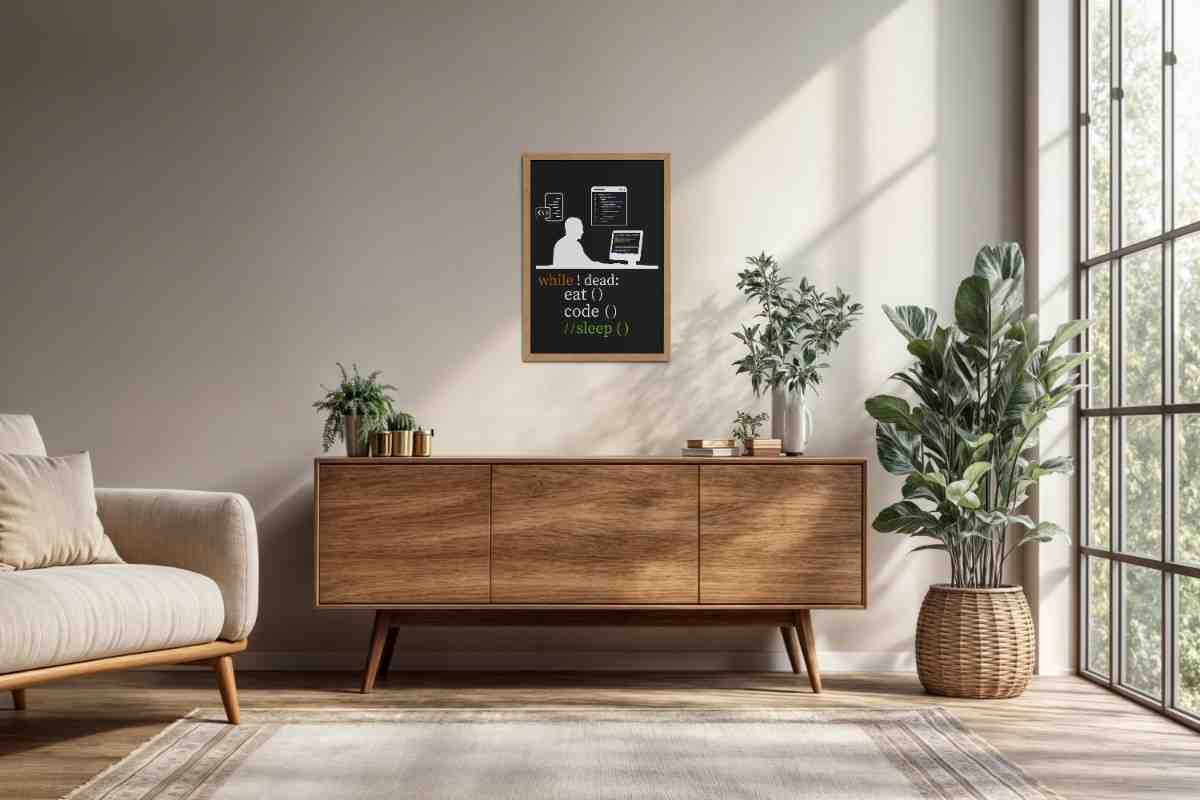 Living Room Cabinet Preview of While Not Dead – Eat, Code, No Sleep Wall Frame in Natrual Color Frame
