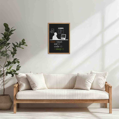 Living Room Cabinet Table Preview of While Not Dead – Eat, Code, No Sleep Wall Frame in Natrual Color Frame