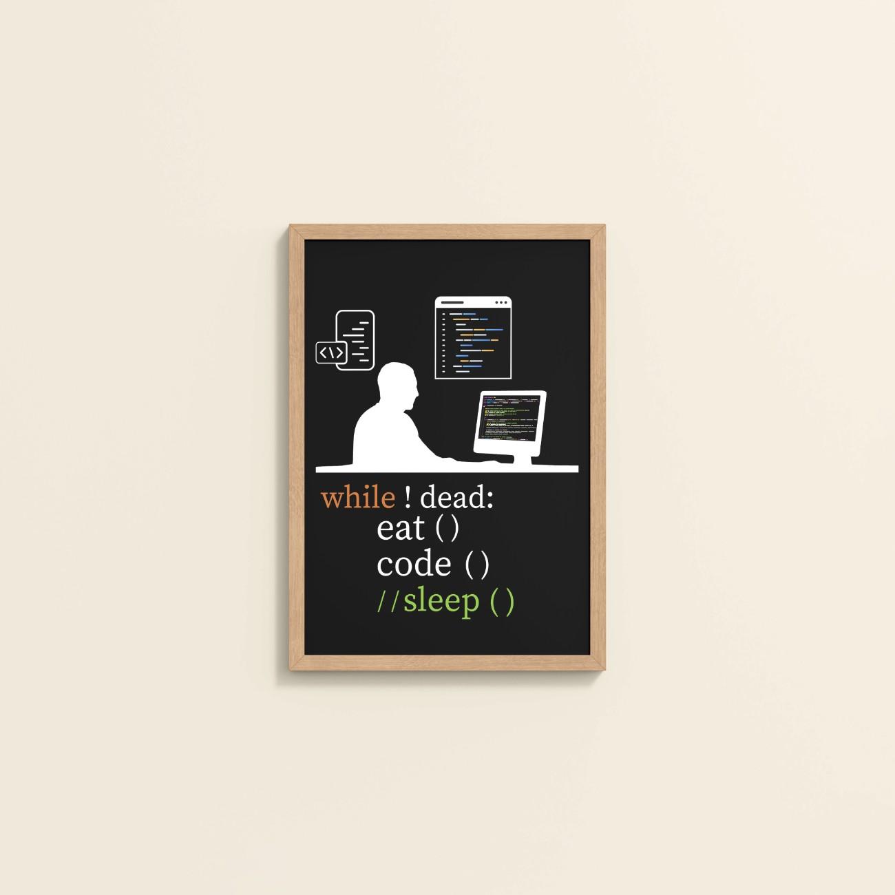 Wall View of While Not Dead – Eat, Code, No Sleep Wall Frame in Natrual Color Frame