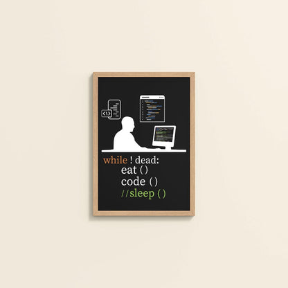 Wall View of While Not Dead – Eat, Code, No Sleep Wall Frame in Natrual Color Frame