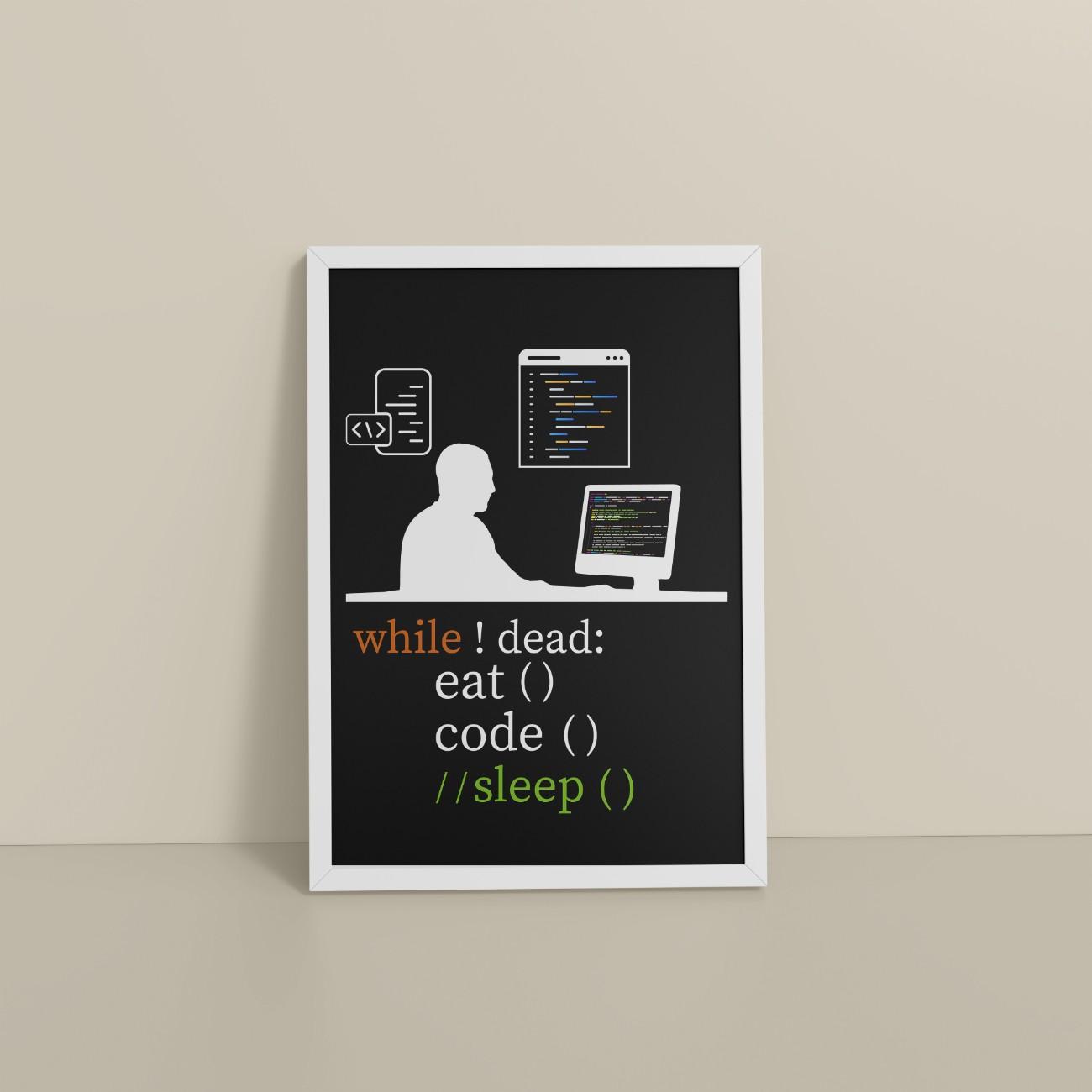 Floor View of While Not Dead – Eat, Code, No Sleep Wall Frame in White Color Frame