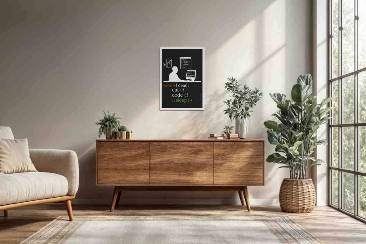 Living Room Cabinet Preview of While Not Dead – Eat, Code, No Sleep Wall Frame in White Color Frame