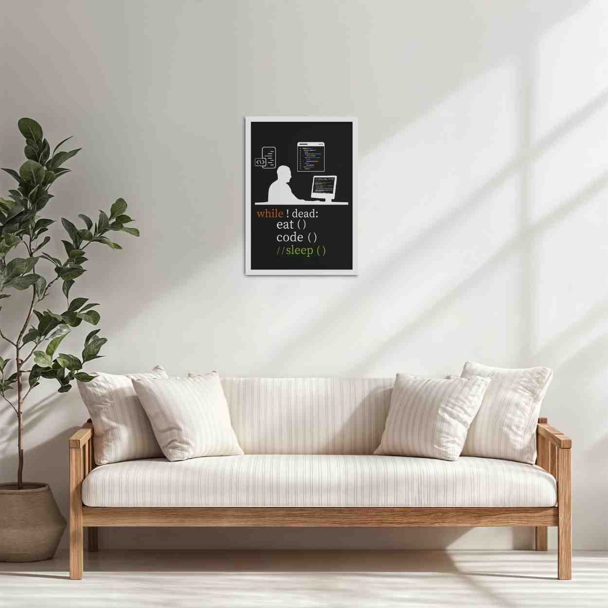 Living Room Cabinet Table Preview of While Not Dead – Eat, Code, No Sleep Wall Frame in White Color Frame