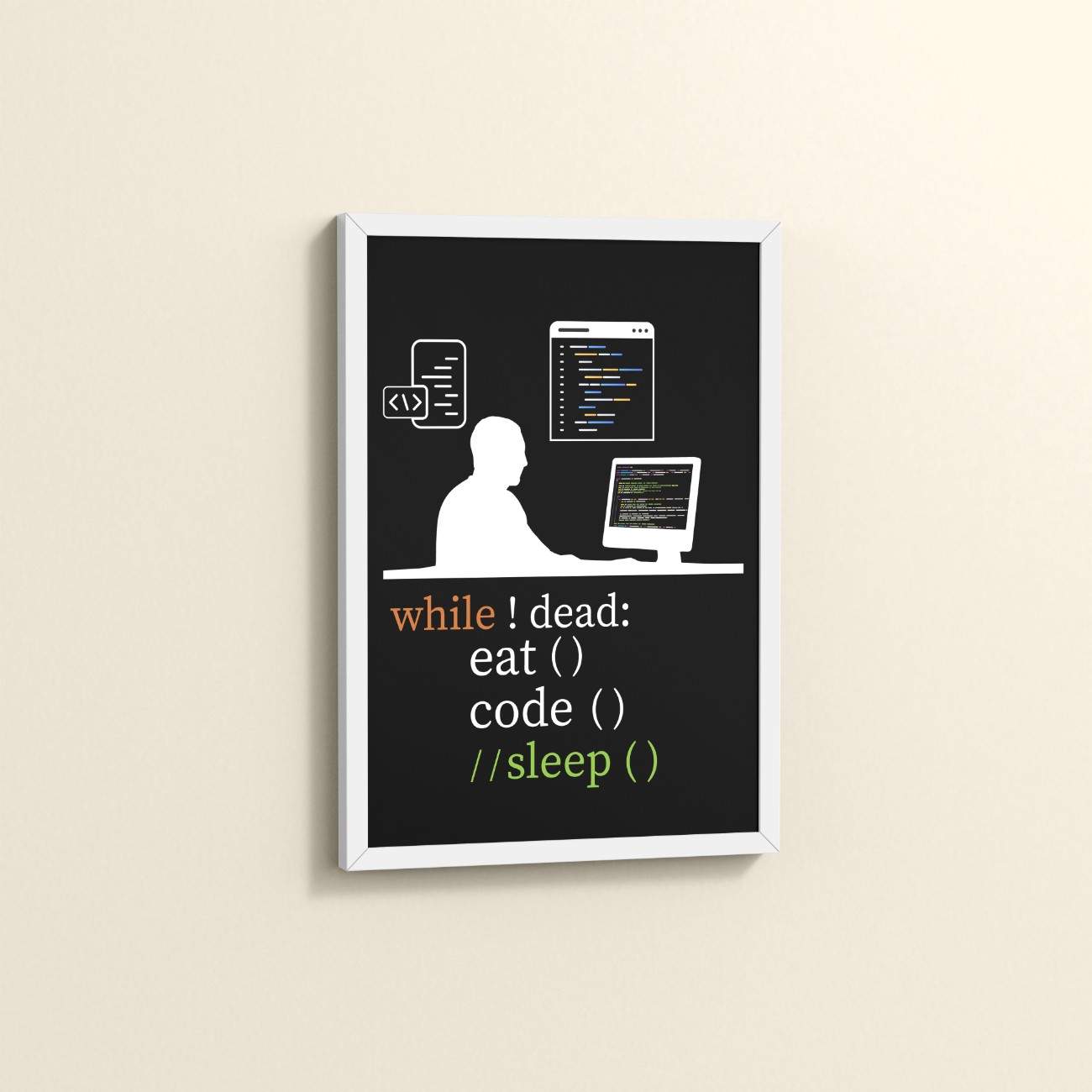 Side View of While Not Dead – Eat, Code, No Sleep Wall Frame in White Color Frame