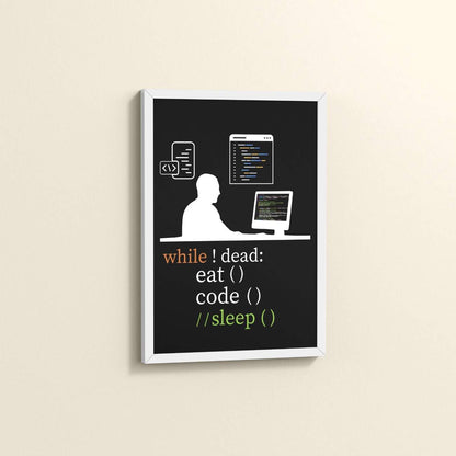 Side View of While Not Dead – Eat, Code, No Sleep Wall Frame in White Color Frame