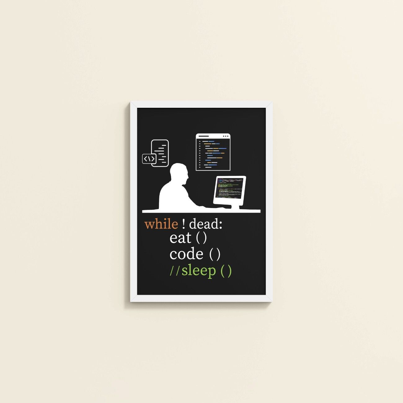 Wall View of While Not Dead – Eat, Code, No Sleep Wall Frame in White Color Frame
