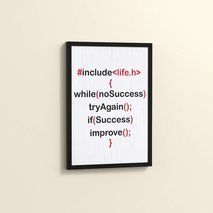Side View of Success Loop – Try Again & Improve Wall Art for Coders in Black Color Frame