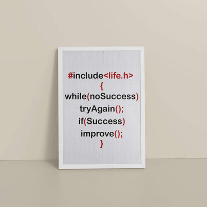 Floor View of Success Loop – Try Again & Improve Wall Art for Coders in White Color Frame