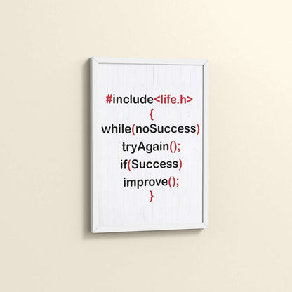 Side View of Success Loop – Try Again & Improve Wall Art for Coders in White Color Frame