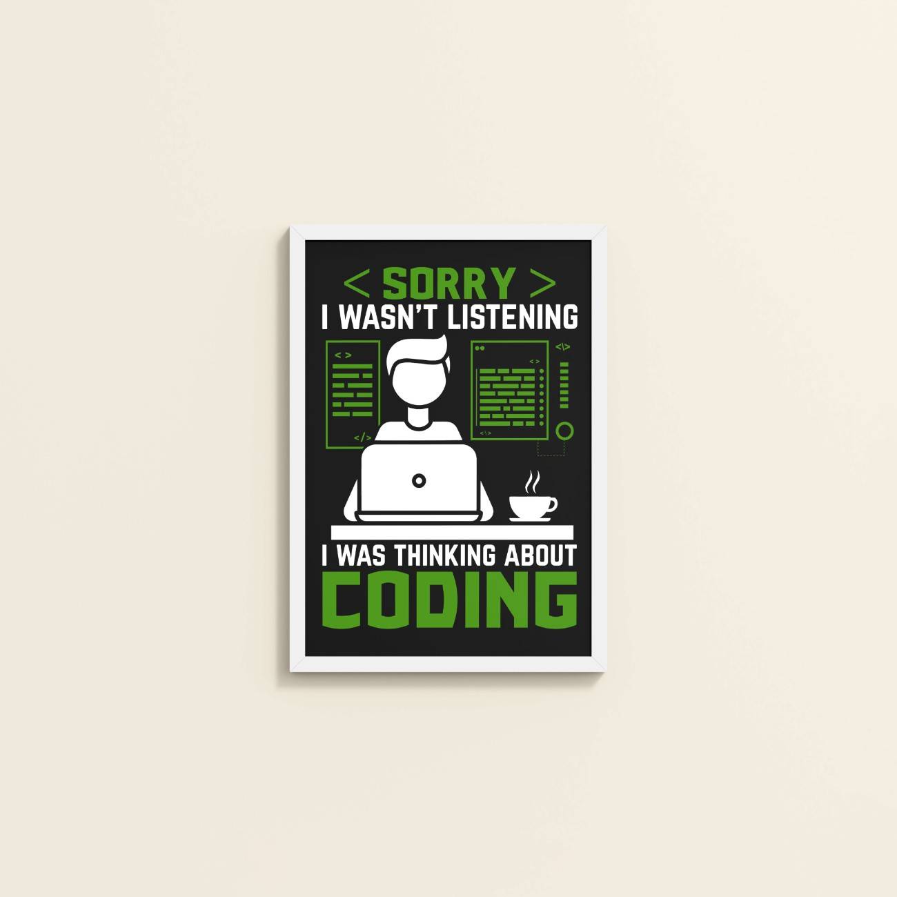 Wall View of Coder Thinks Only Not Listening – Wall Frame in White Color Frame