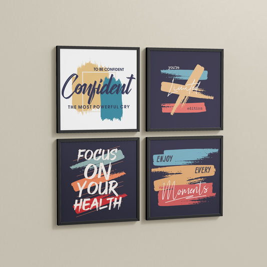 Side View of Wellness & Self-Belief Wall Art Set of 4 Frames in Black Color Frame