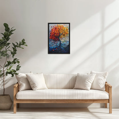 Living Room Cabinet Table Preview of Radiant Growth – Colorful Leaves Tree Wall Art Frame in Black Color Frame