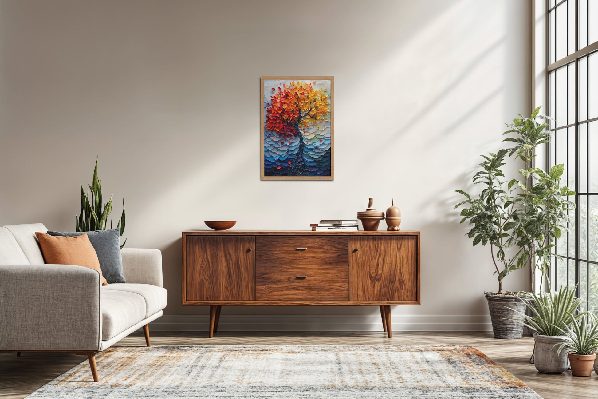 Living Room Sofa Preview of Radiant Growth – Colorful Leaves Tree Wall Art Frame in Natrual Color Frame