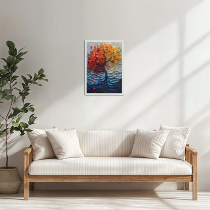 Living Room Cabinet Table Preview of Radiant Growth – Colorful Leaves Tree Wall Art Frame in White Color Frame