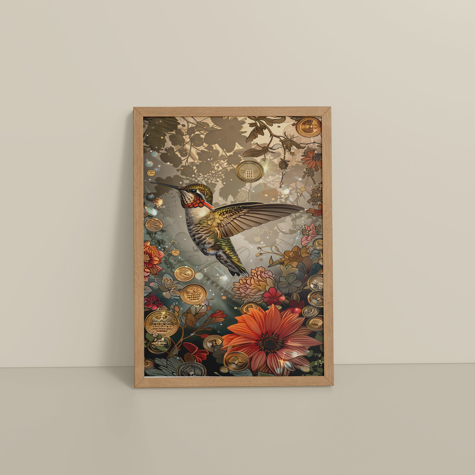 Floor View of Nature’s Beauty – Hummingbird & Floral Wall Decor in Natrual Color Frame