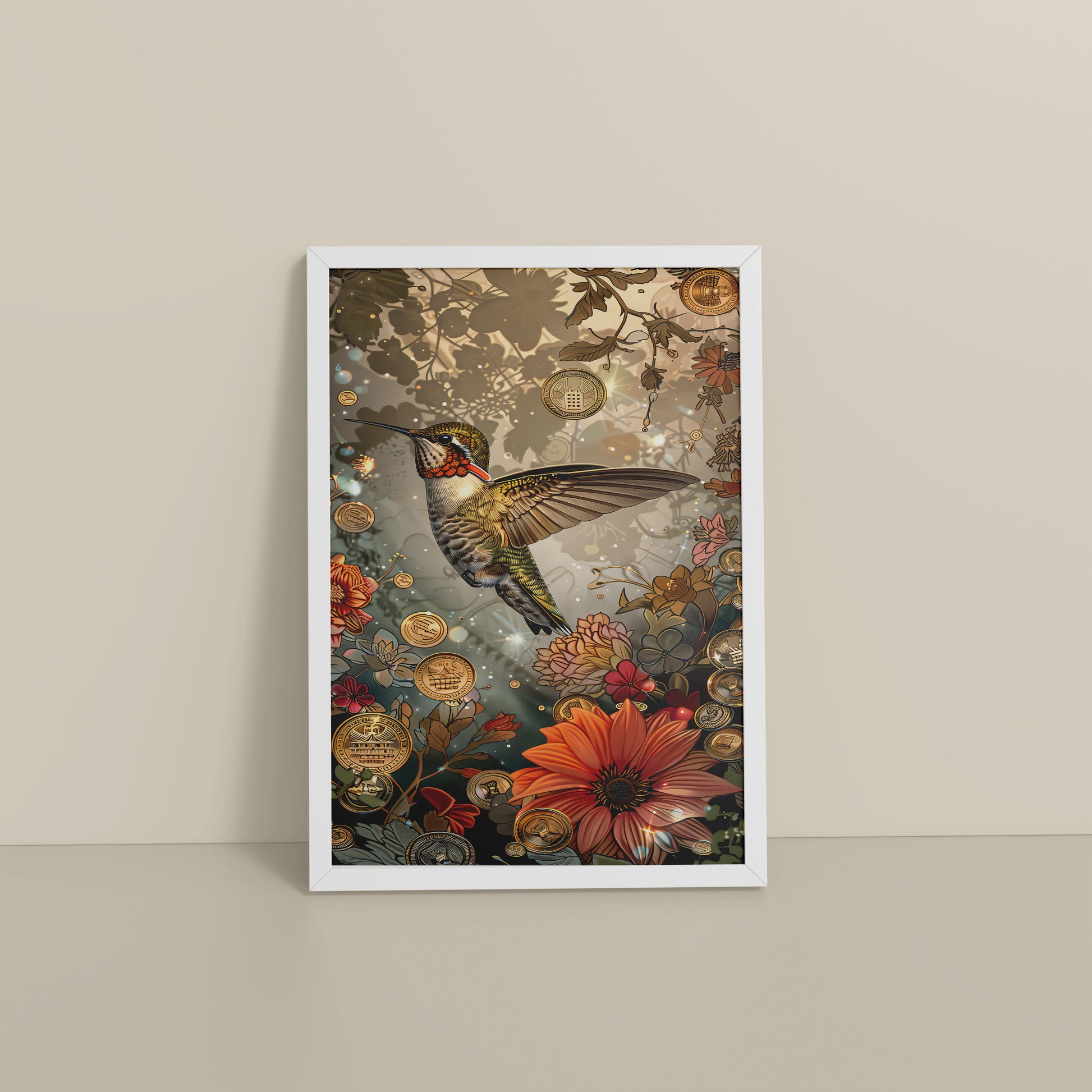 Floor View of Nature’s Beauty – Hummingbird & Floral Wall Decor in White Color Frame