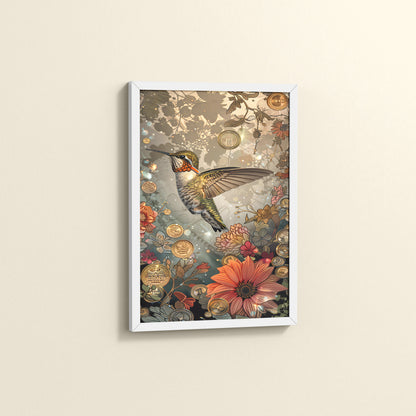 Side View of Nature’s Beauty – Hummingbird & Floral Wall Decor in White Color Frame