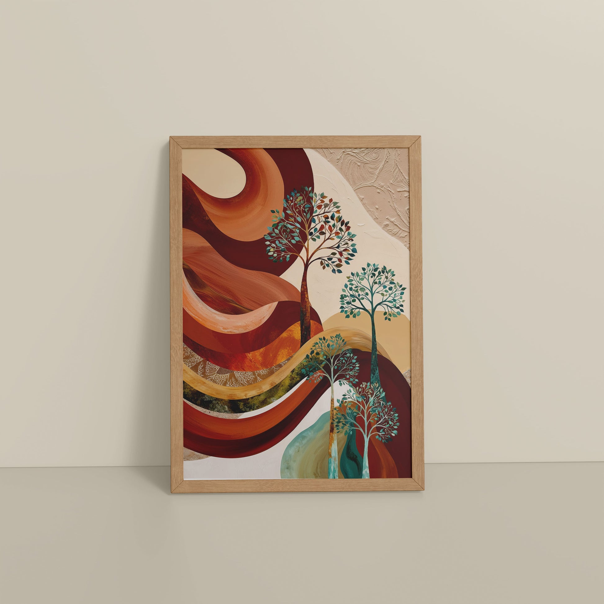 Floor View of Flourish in Color – Contemporary Tree Wall Art in Natrual Color Frame