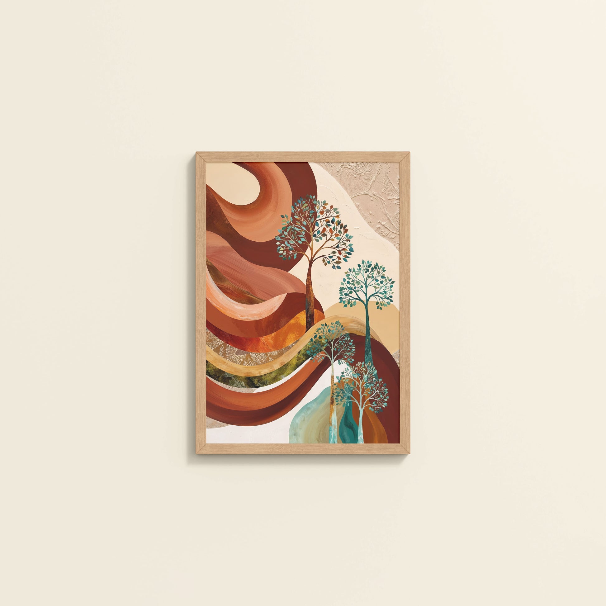 Wall View of Flourish in Color – Contemporary Tree Wall Art in Natrual Color Frame