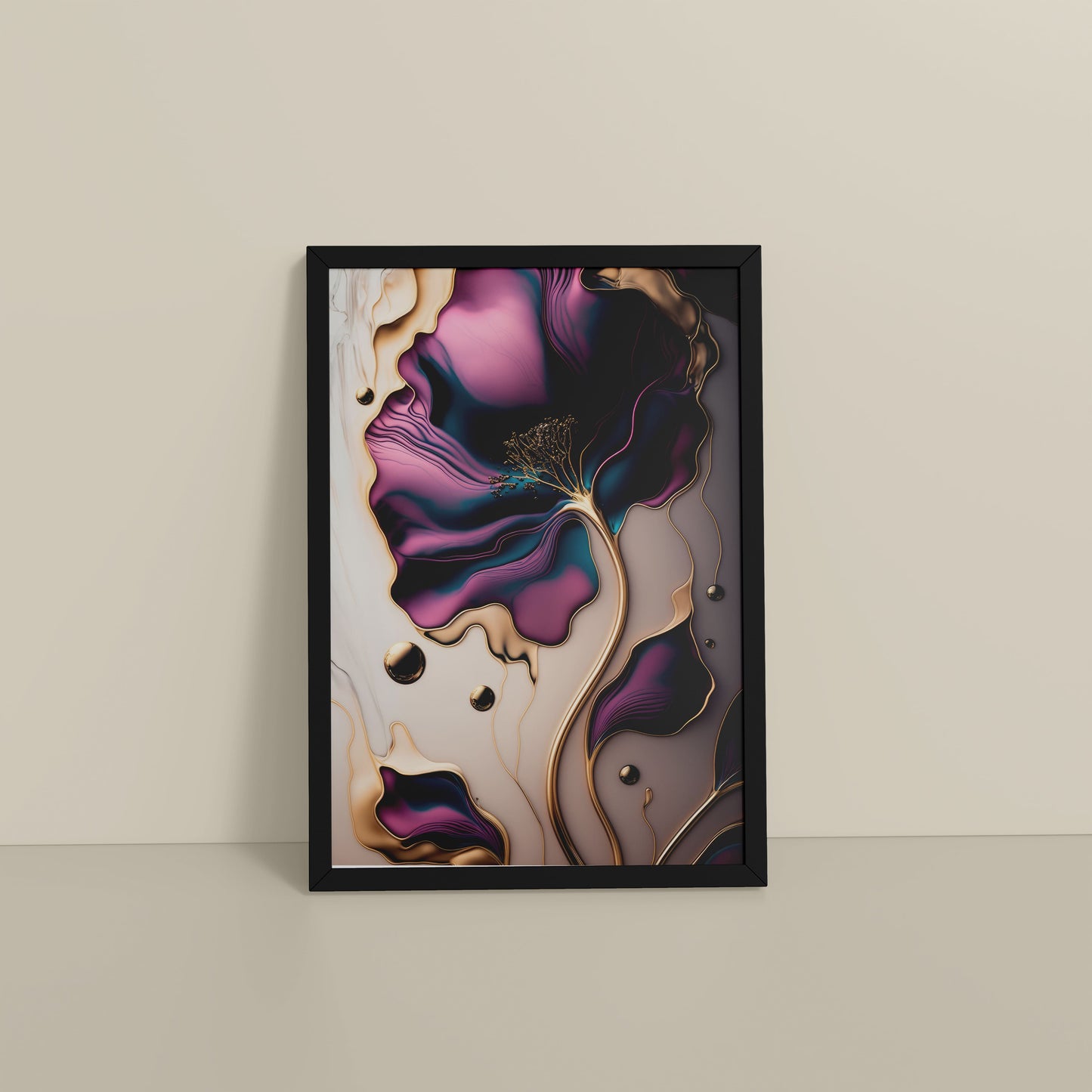 Floor View of Gilded Bloom – Modern Abstract Flower Art Frame in Black Color Frame