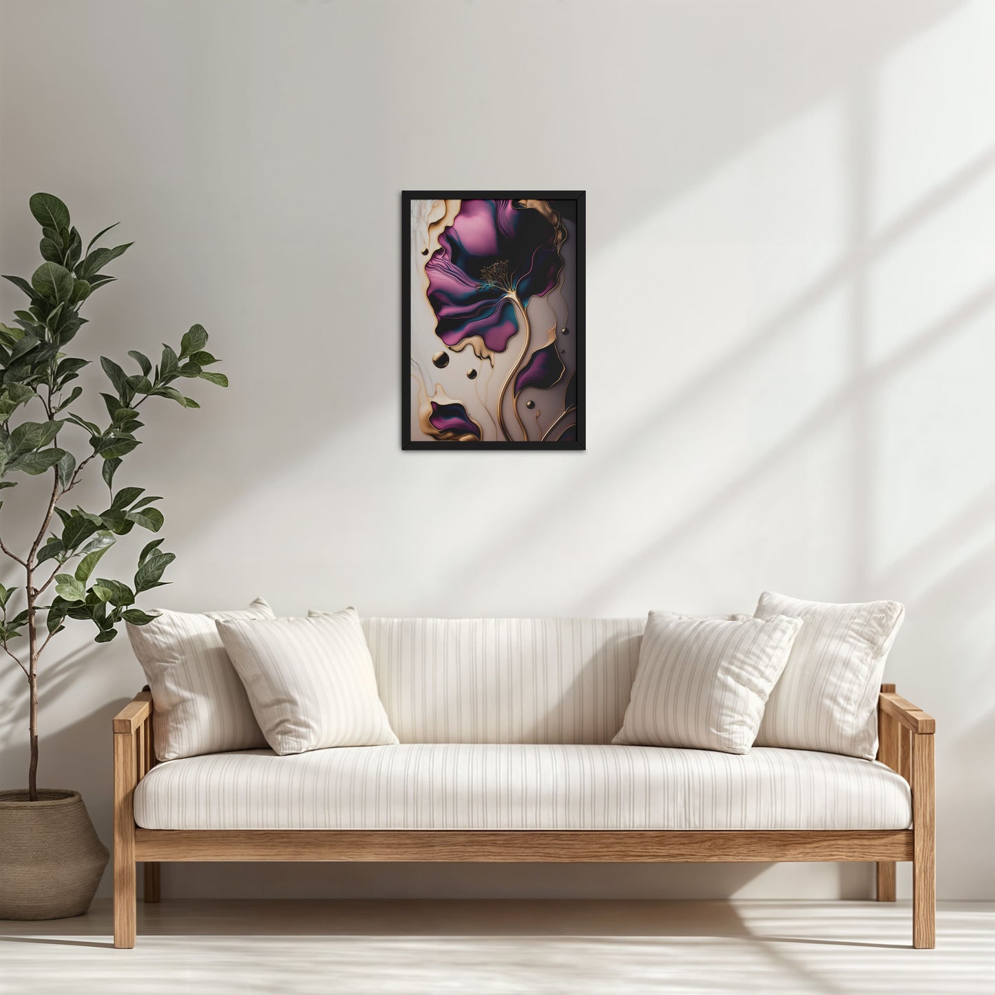Living Room Cabinet Table Preview of Gilded Bloom – Modern Abstract Flower Art Frame in Black Color Frame