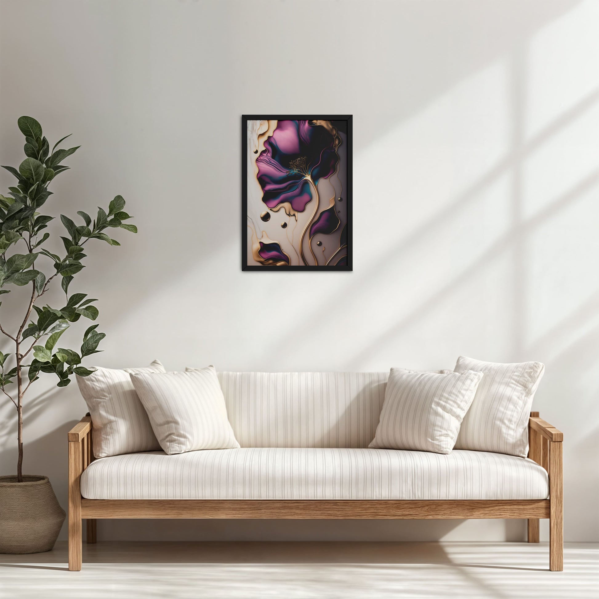 Living Room Cabinet Table Preview of Gilded Bloom – Modern Abstract Flower Art Frame in Black Color Frame