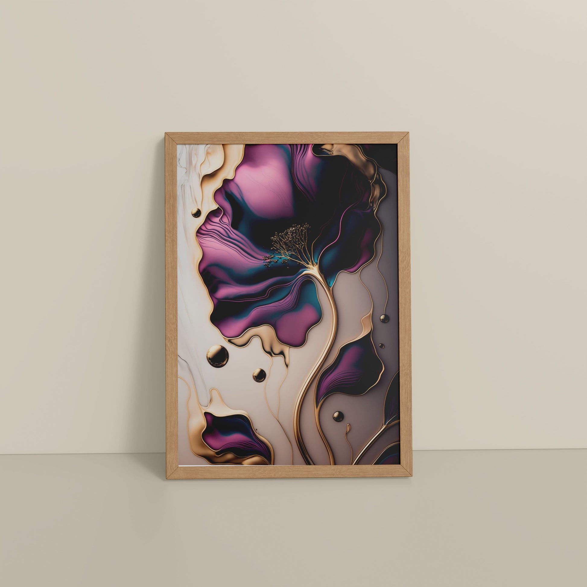 Floor View of Gilded Bloom – Modern Abstract Flower Art Frame in Natrual Color Frame