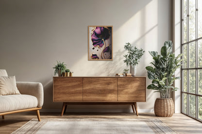Living Room Cabinet Preview of Gilded Bloom – Modern Abstract Flower Art Frame in Natrual Color Frame