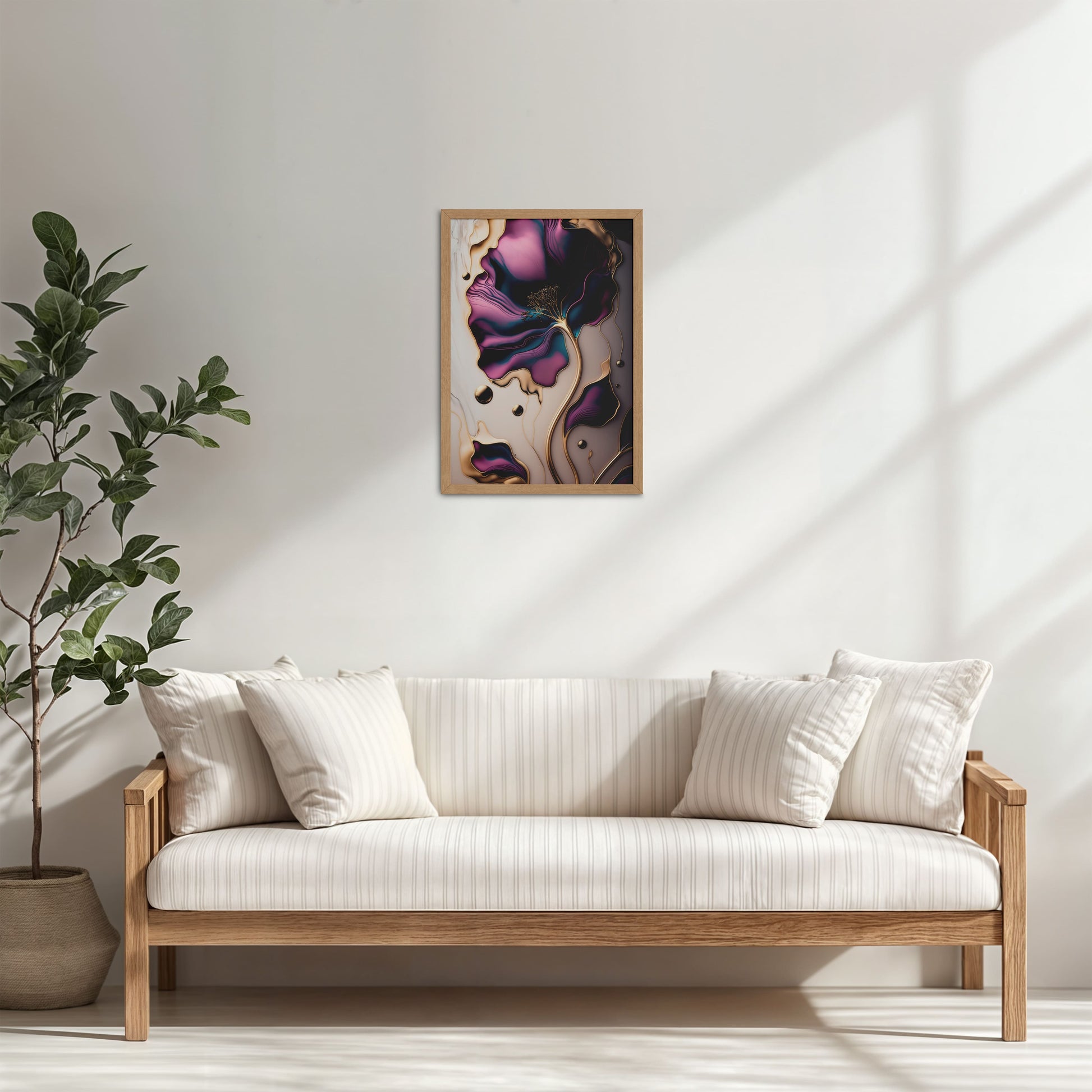 Living Room Cabinet Table Preview of Gilded Bloom – Modern Abstract Flower Art Frame in Natrual Color Frame