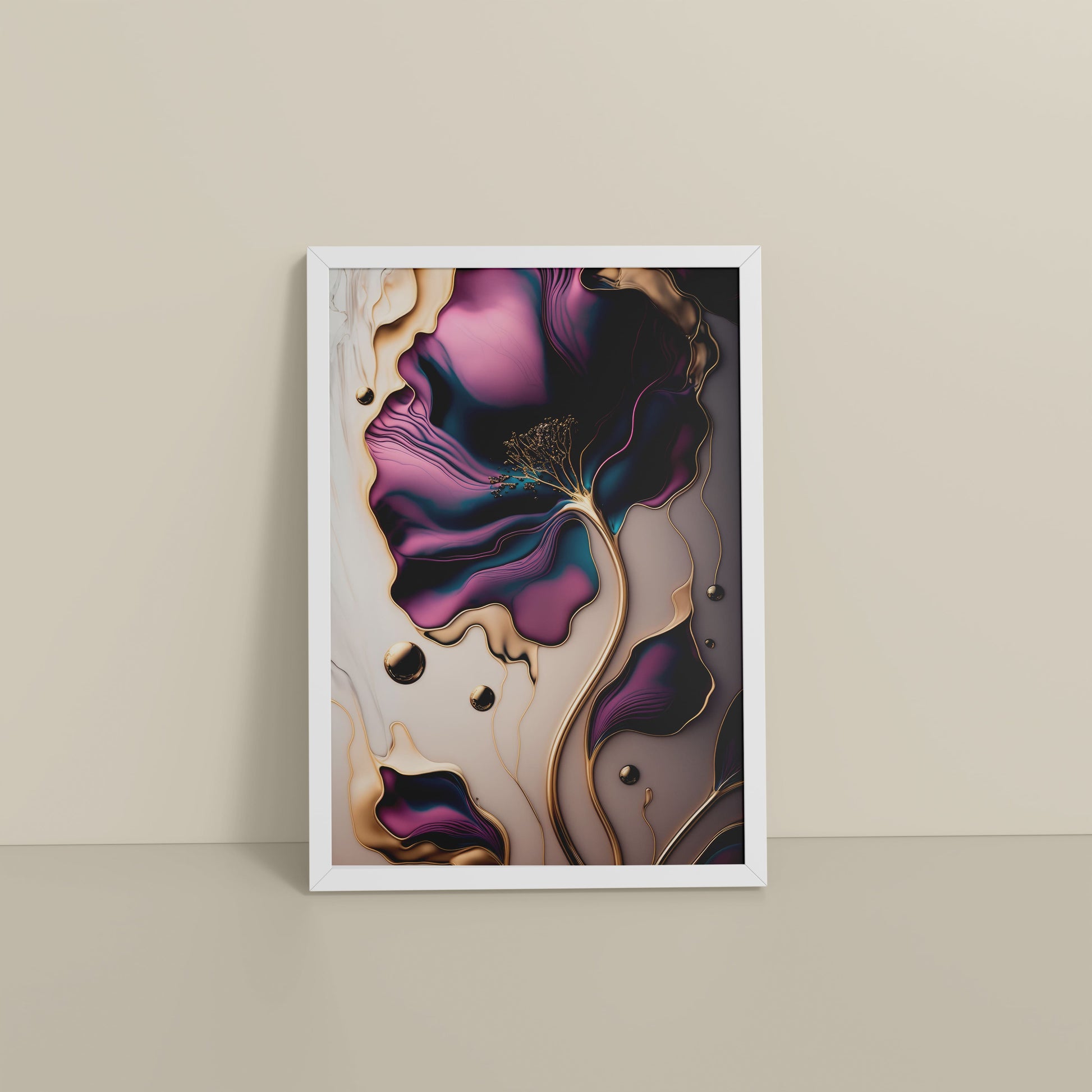 Floor View of Gilded Bloom – Modern Abstract Flower Art Frame in White Color Frame